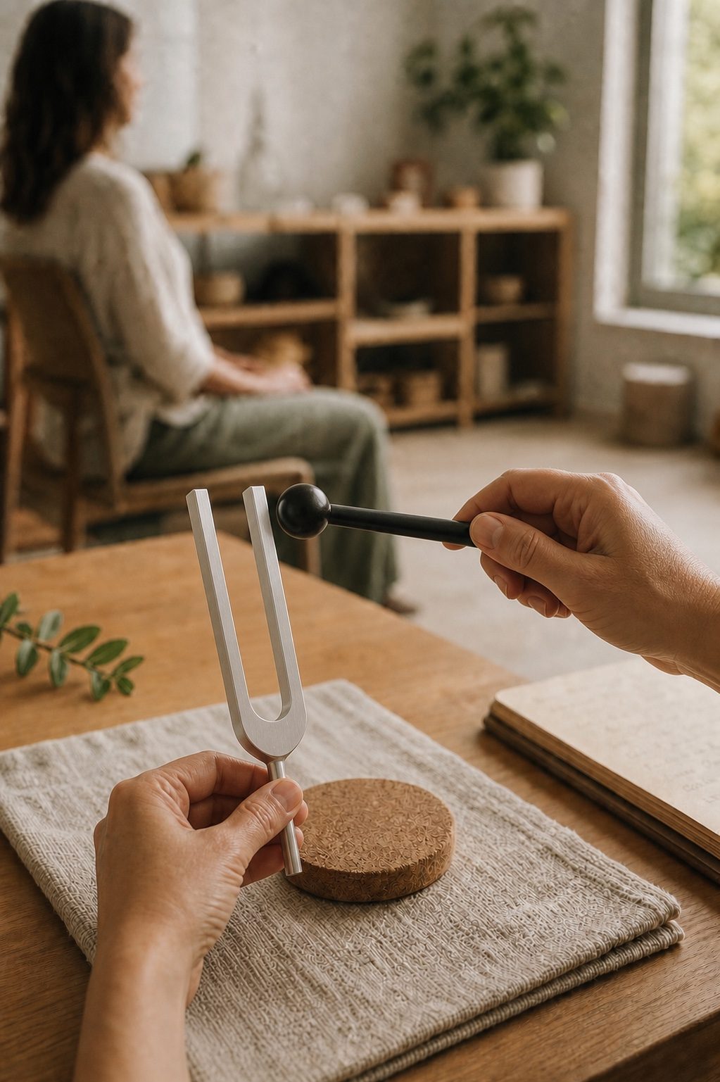 Hands holding a tuning fork above a cork rest, about to activate it with a rubber mallet