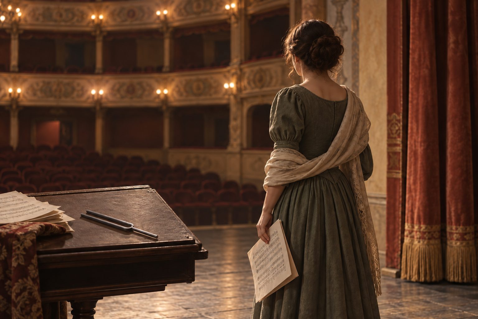 An opera singer seen from behind pauses beside a tuning fork and score in an empty nineteenth-century theatre