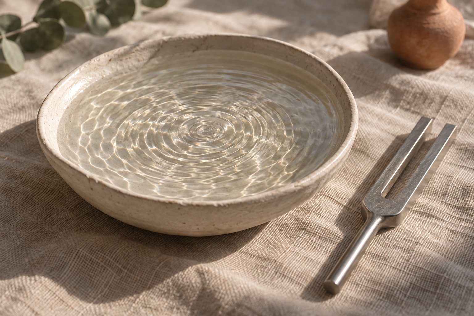 Gentle ripples move across water in a handmade ceramic dish beside an unweighted tuning fork