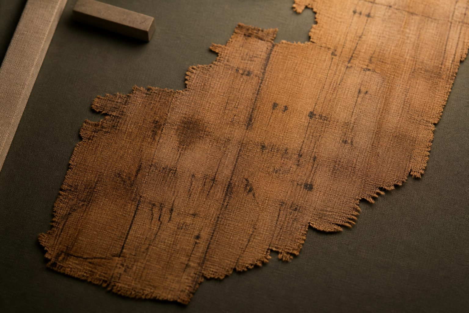 An editorial reconstruction of an aged silk manuscript fragment under conservation-studio light