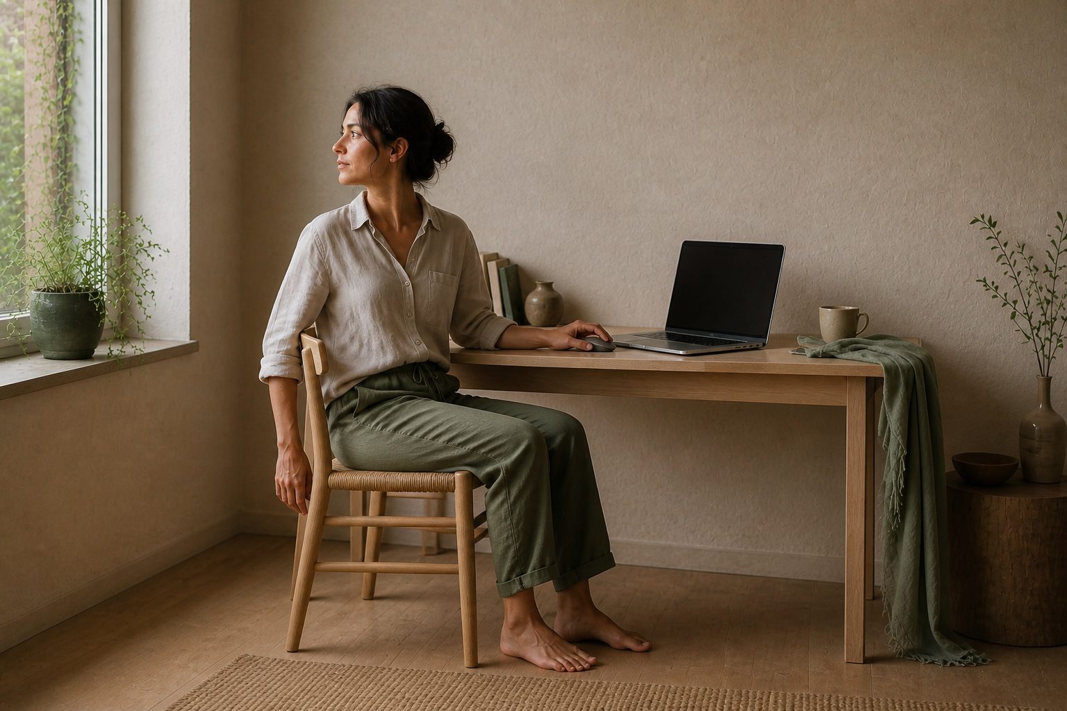 A woman turns away from a laptop at a home desk