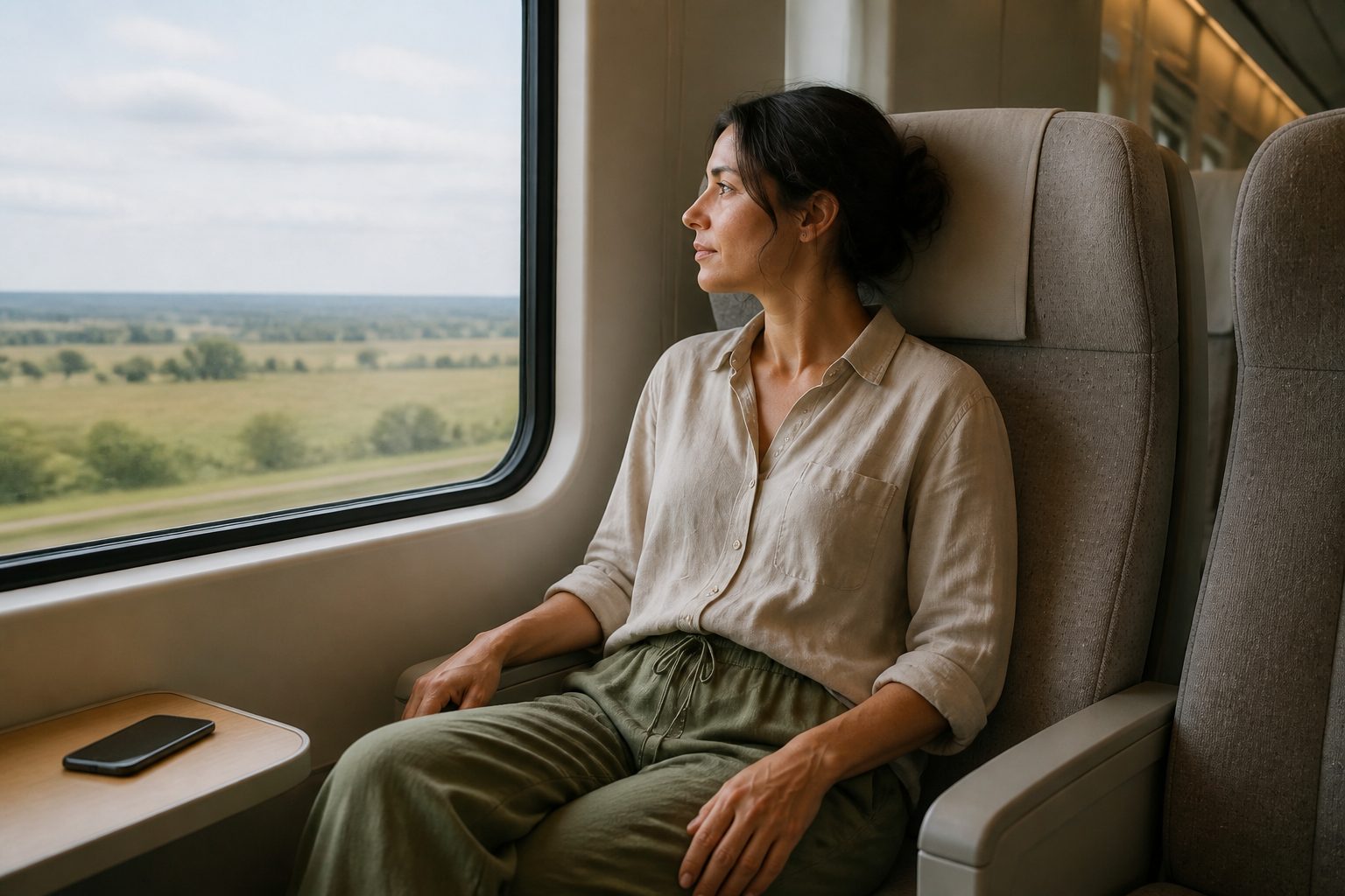 A train passenger looks through the window toward the horizon