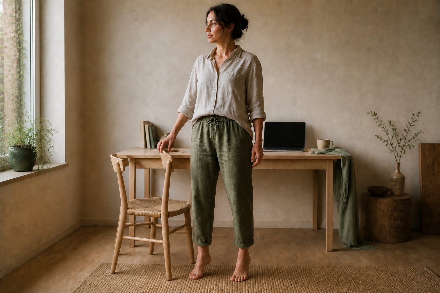 A woman begins moving beside a stable chair after sitting