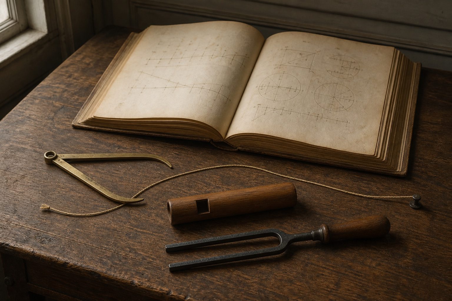 Editorial reconstruction of an early acoustics worktable with an aged folio, measuring tools, wooden pipe, string, and tuning fork