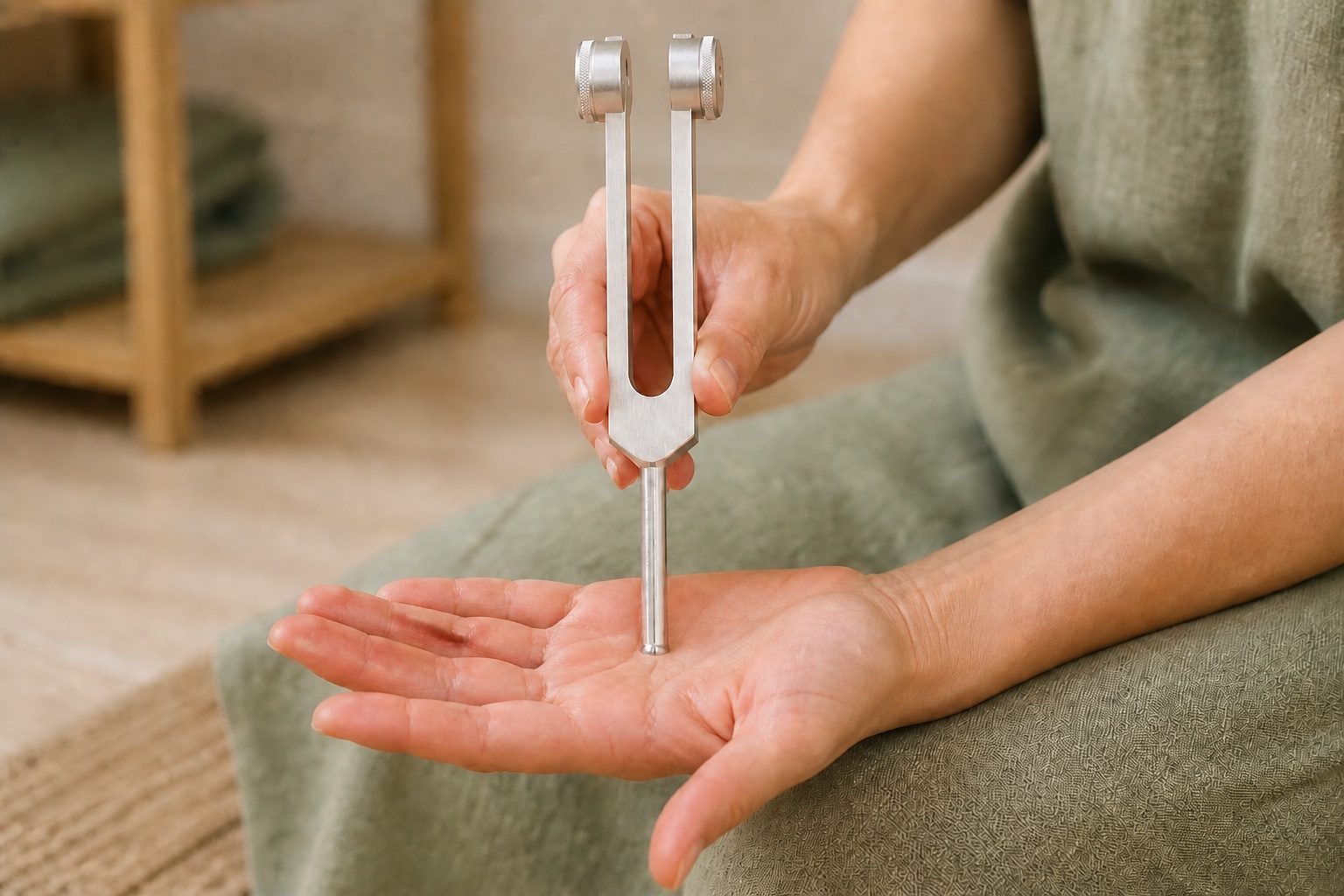 A weighted silver tuning fork held vertically with its straight metal stem resting lightly on an open palm