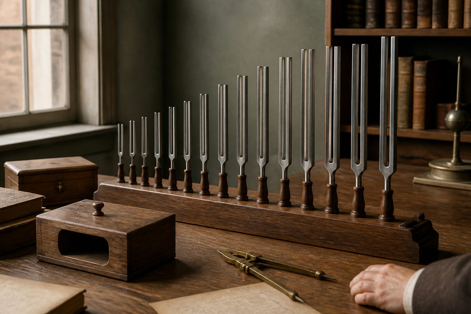 A graduated row of traditional tuning forks on a nineteenth-century acoustics workbench