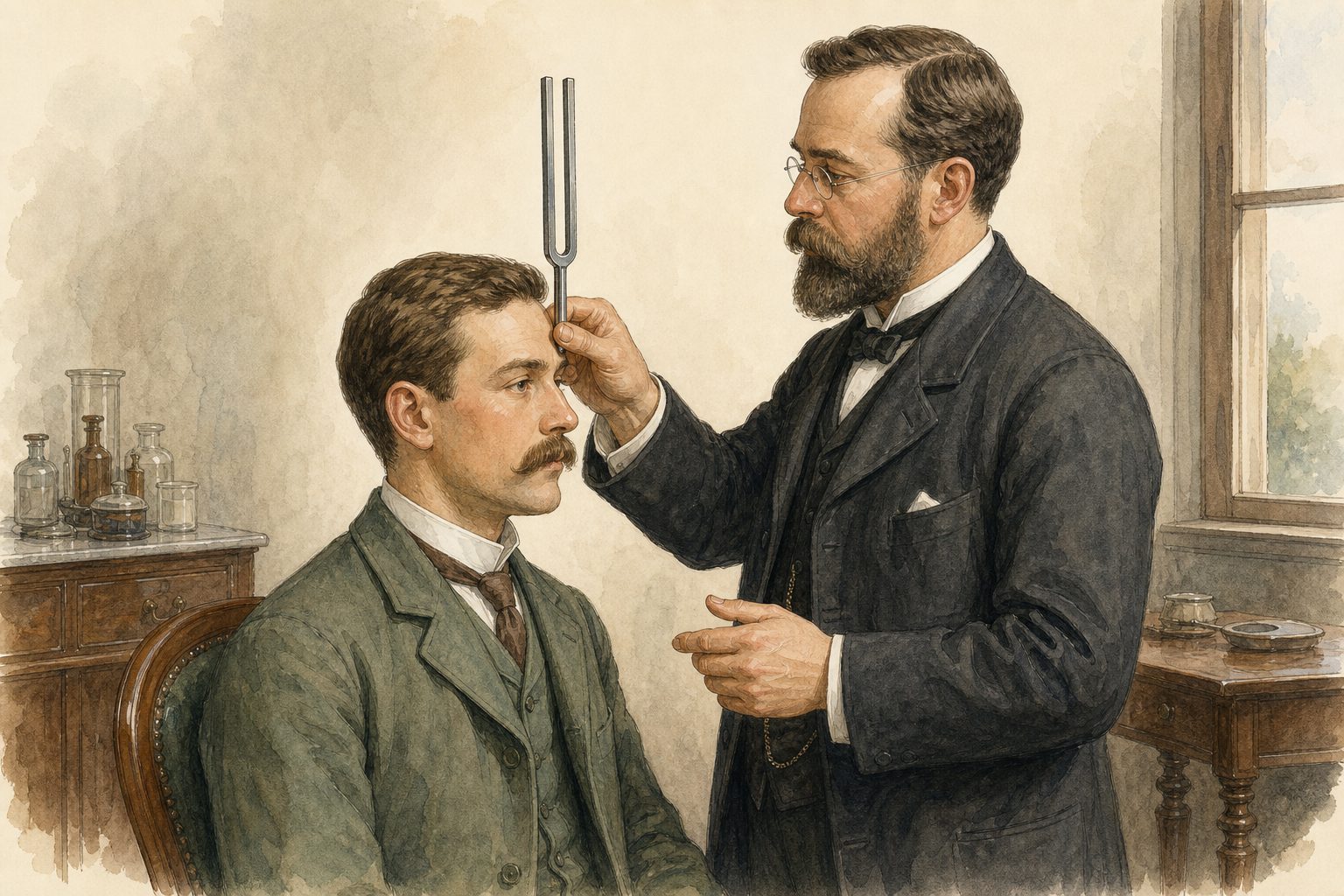 Historical editorial illustration of a physician placing a tuning-fork stem at the center of a seated patient’s forehead