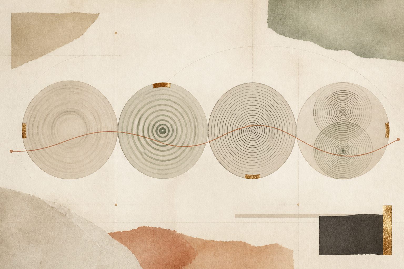 Four measured circular ripple fields connected by a restrained terracotta line