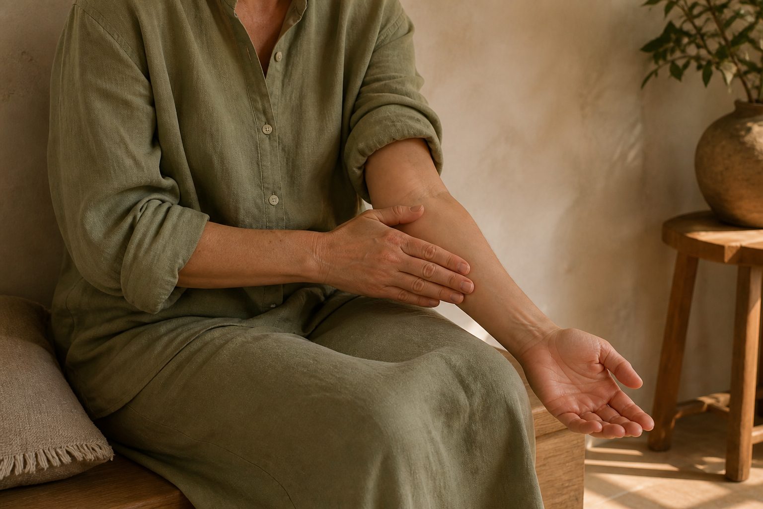 A seated person uses one relaxed hand to sweep along the inner surface of the opposite forearm