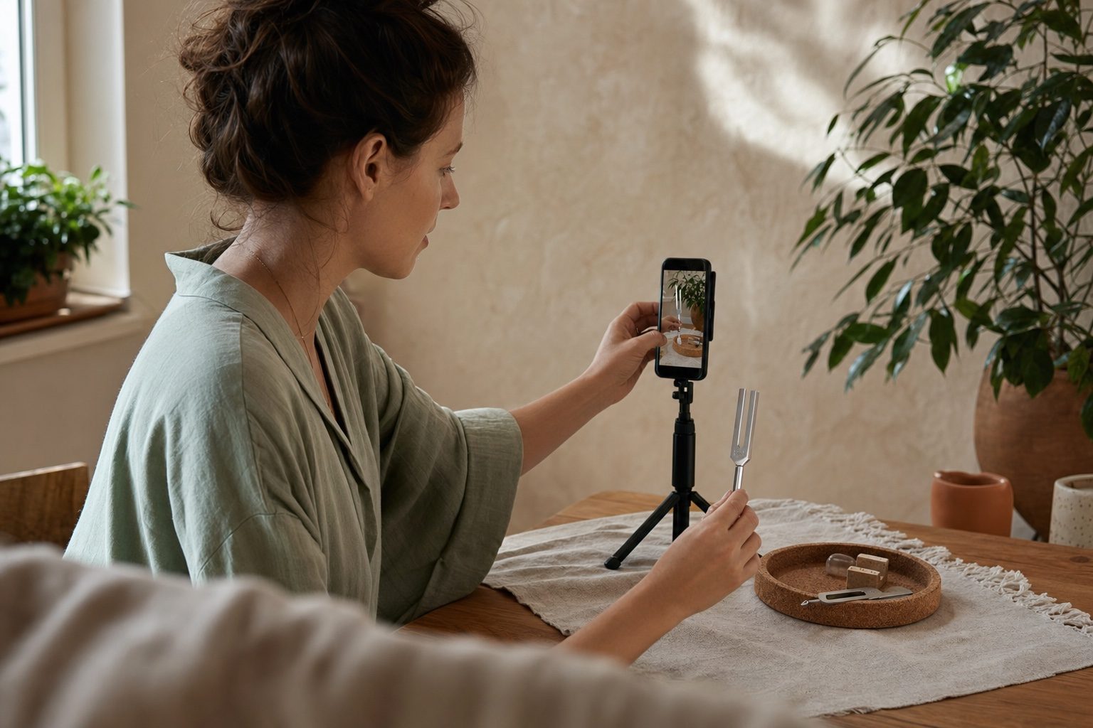 A wellness creator filming a tuning fork on a phone tripod in a warm, plant-filled home studio