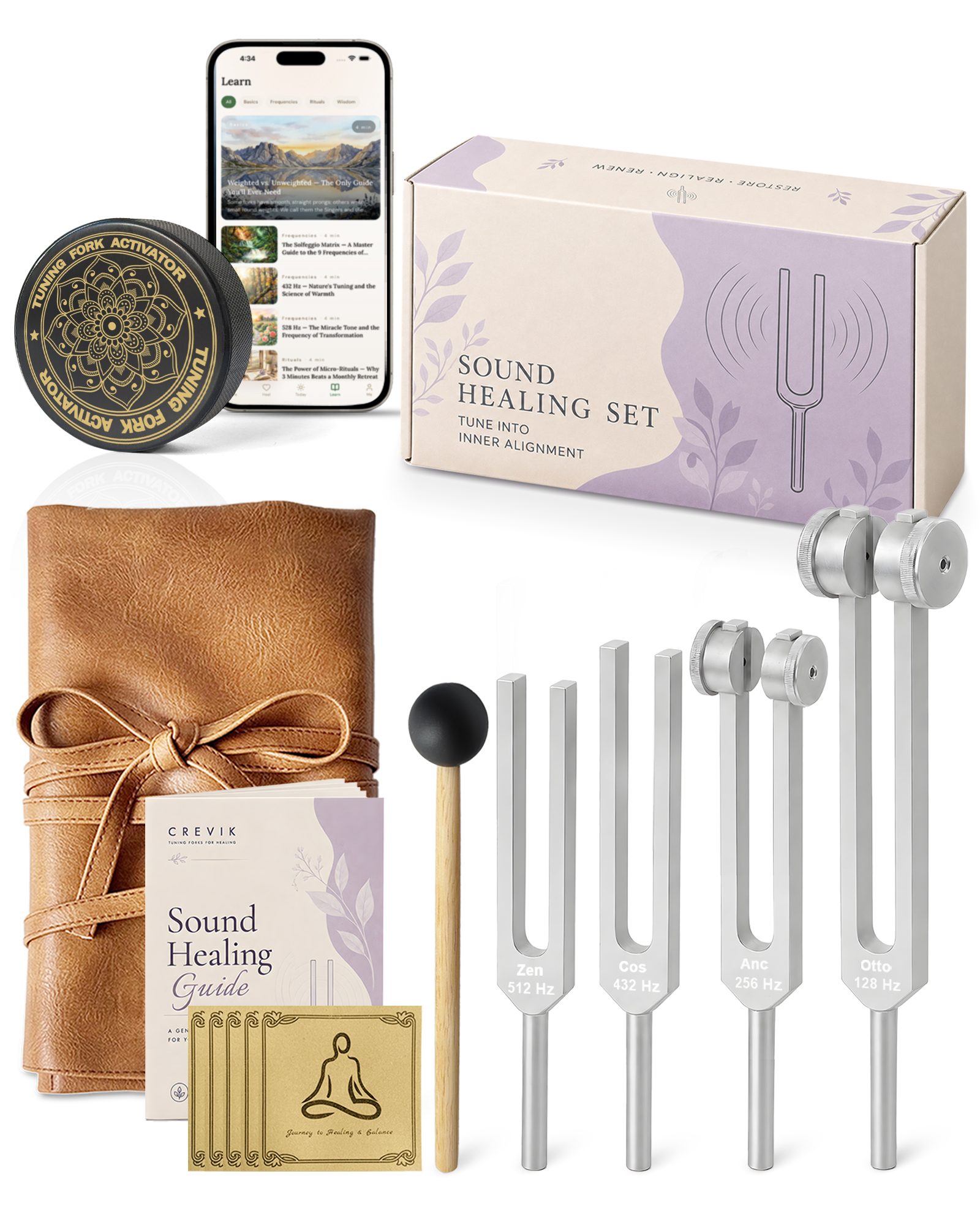 CREVIK Alignment Tuning Fork Set — 4 forks with vegan leather pouch, gift box, activator, hammer, guide, and record cards
