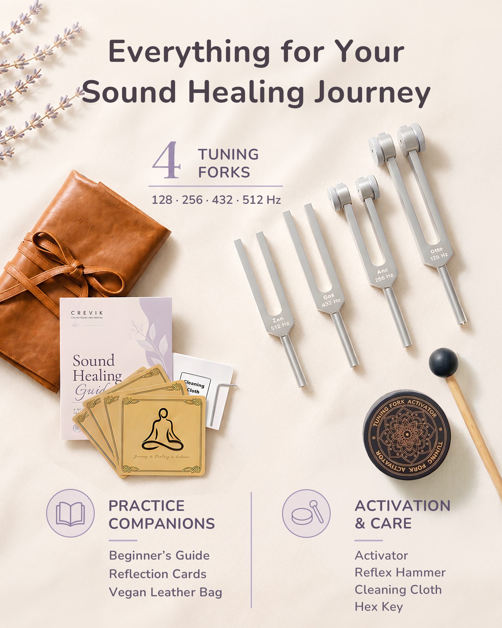Package contents — 4 tuning forks (128, 256, 432, 512 Hz), guide, record cards, vegan leather bag, activator, reflex hammer, cleaning cloth, and hex key