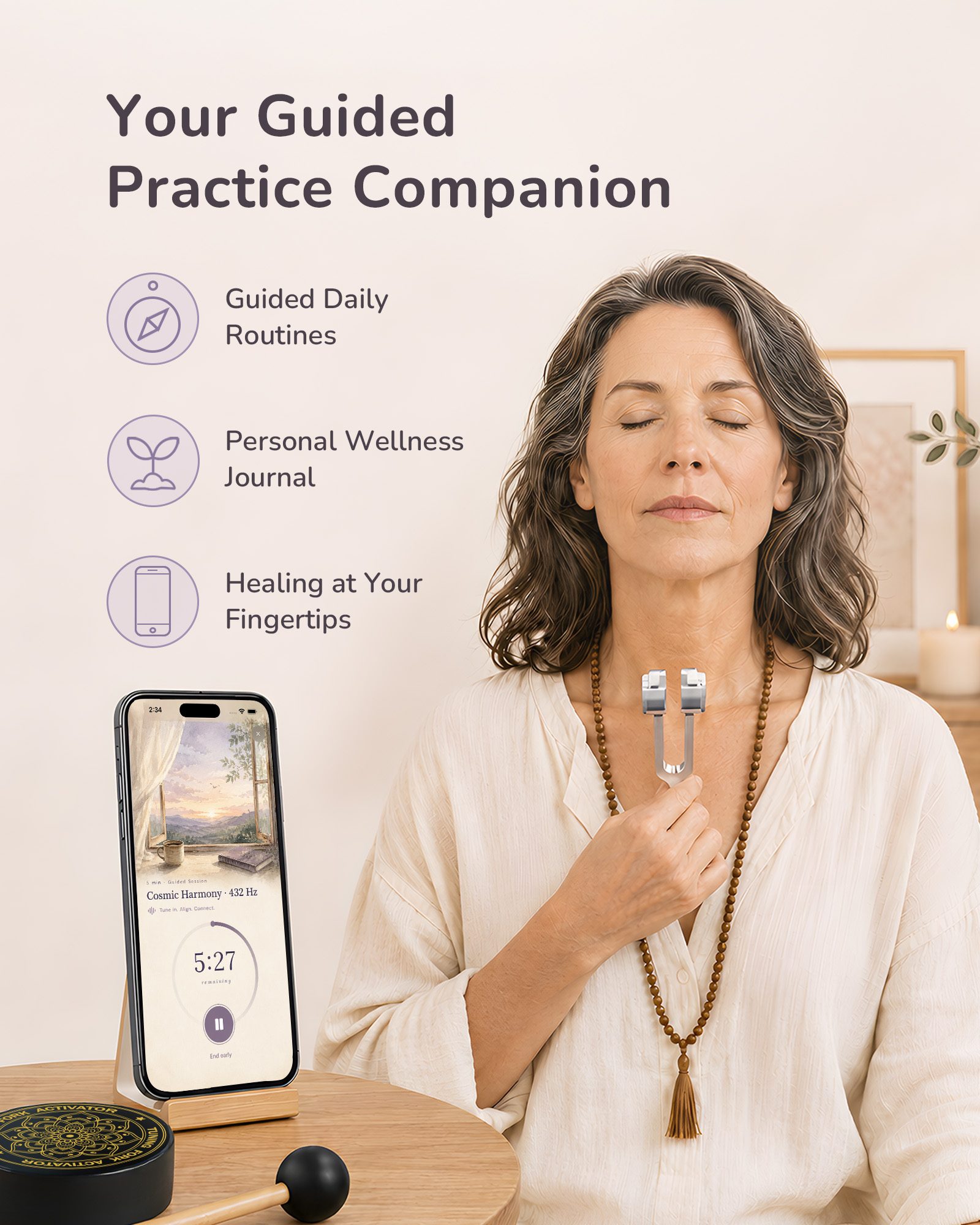 Your guided practice companion — daily routines, a wellness journal, and guided sessions in the CREVIK Healing app