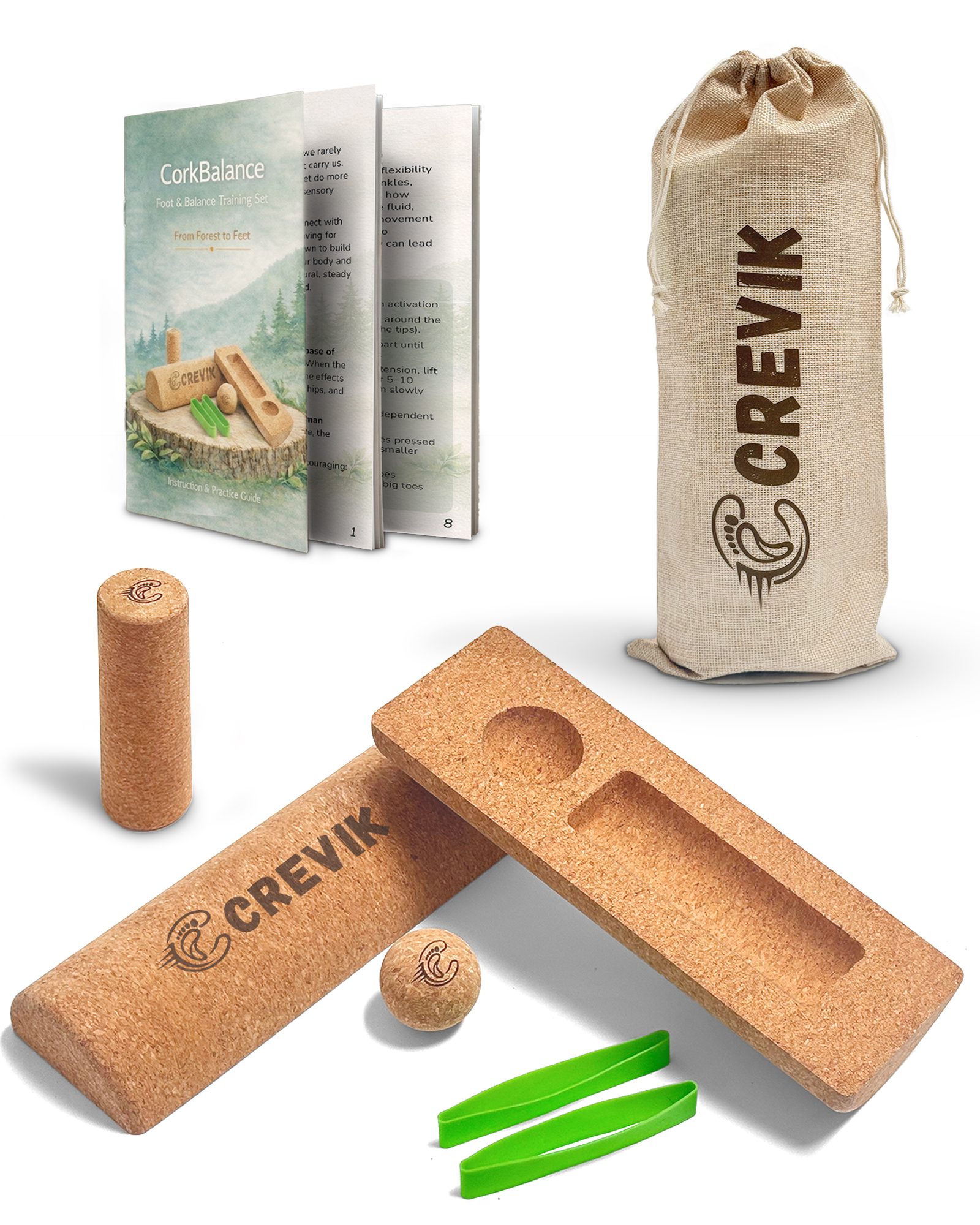 CREVIK CorkBalance Training Kit — balance beams, roller, massage ball, resistance bands, guide, and canvas bag
