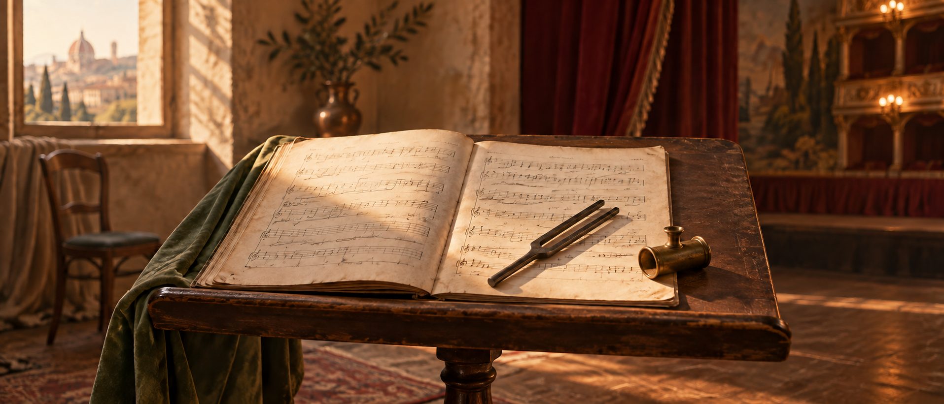 An antique steel tuning fork rests on an open opera score in a warmly lit Italian theatre rehearsal room