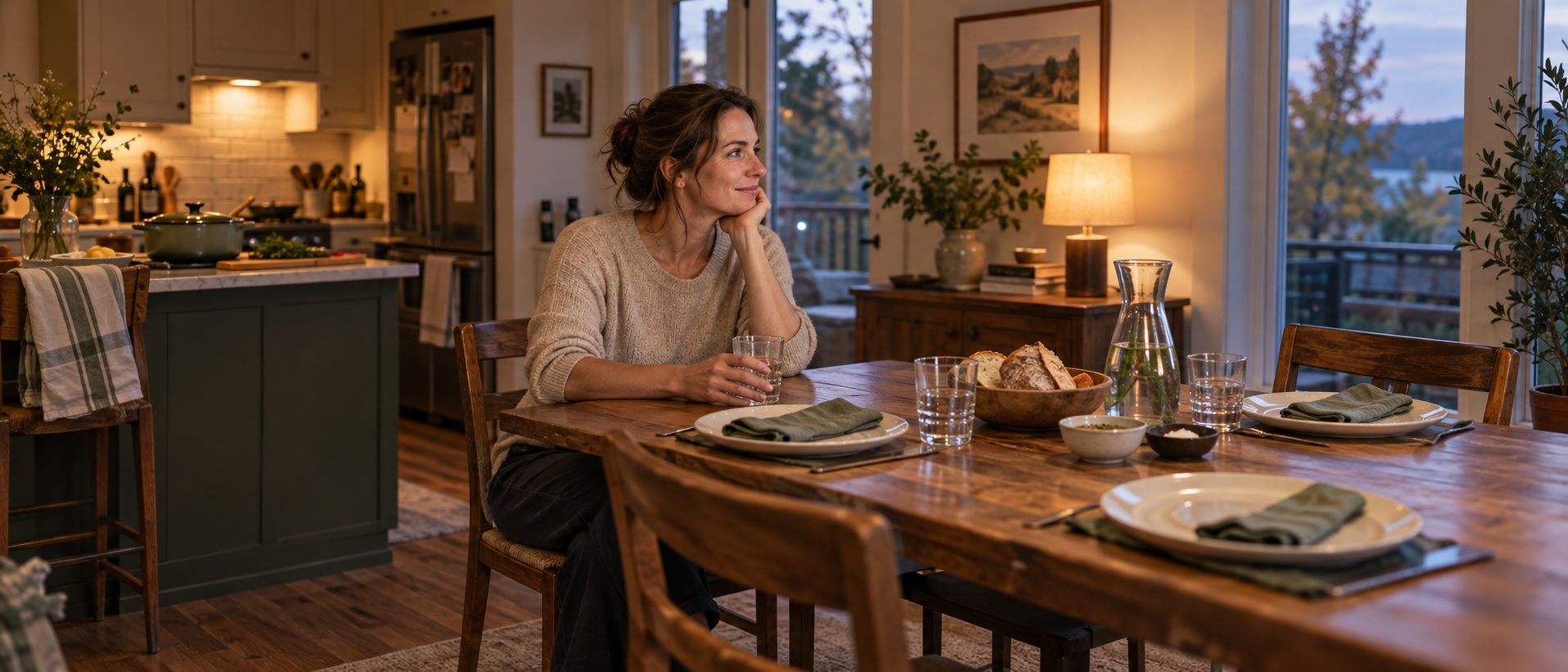 A woman takes a seat with a glass of water beside a prepared dining table before her guests arrive