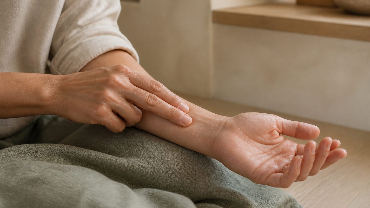A person gently palpates the inner forearm above the wrist while resting the arm palm-up