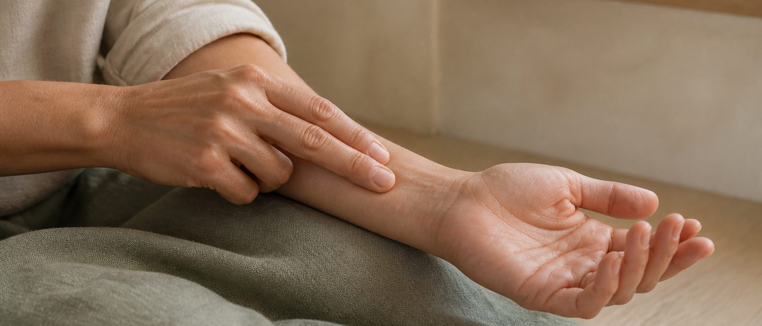 A person gently palpates the inner forearm above the wrist while resting the arm palm-up