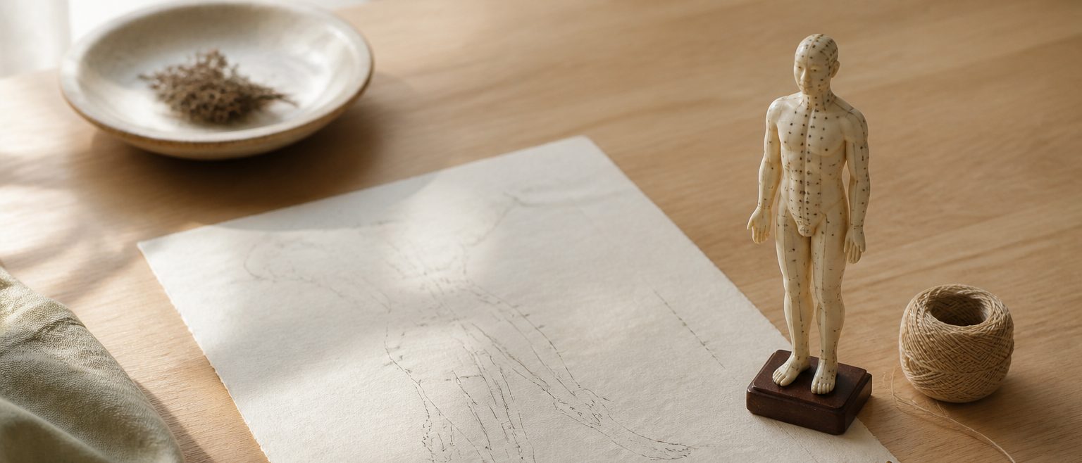 A small acupuncture teaching figure beside a hand-drawn body map, measuring thread, and dividers on a warm wooden table