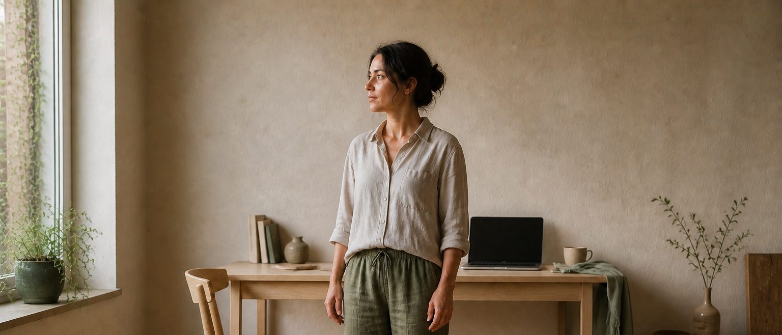 A woman rests one hand on her forearm beside a tuning fork, with a laptop, travel bag, and warm bedside lamp suggesting four everyday routines