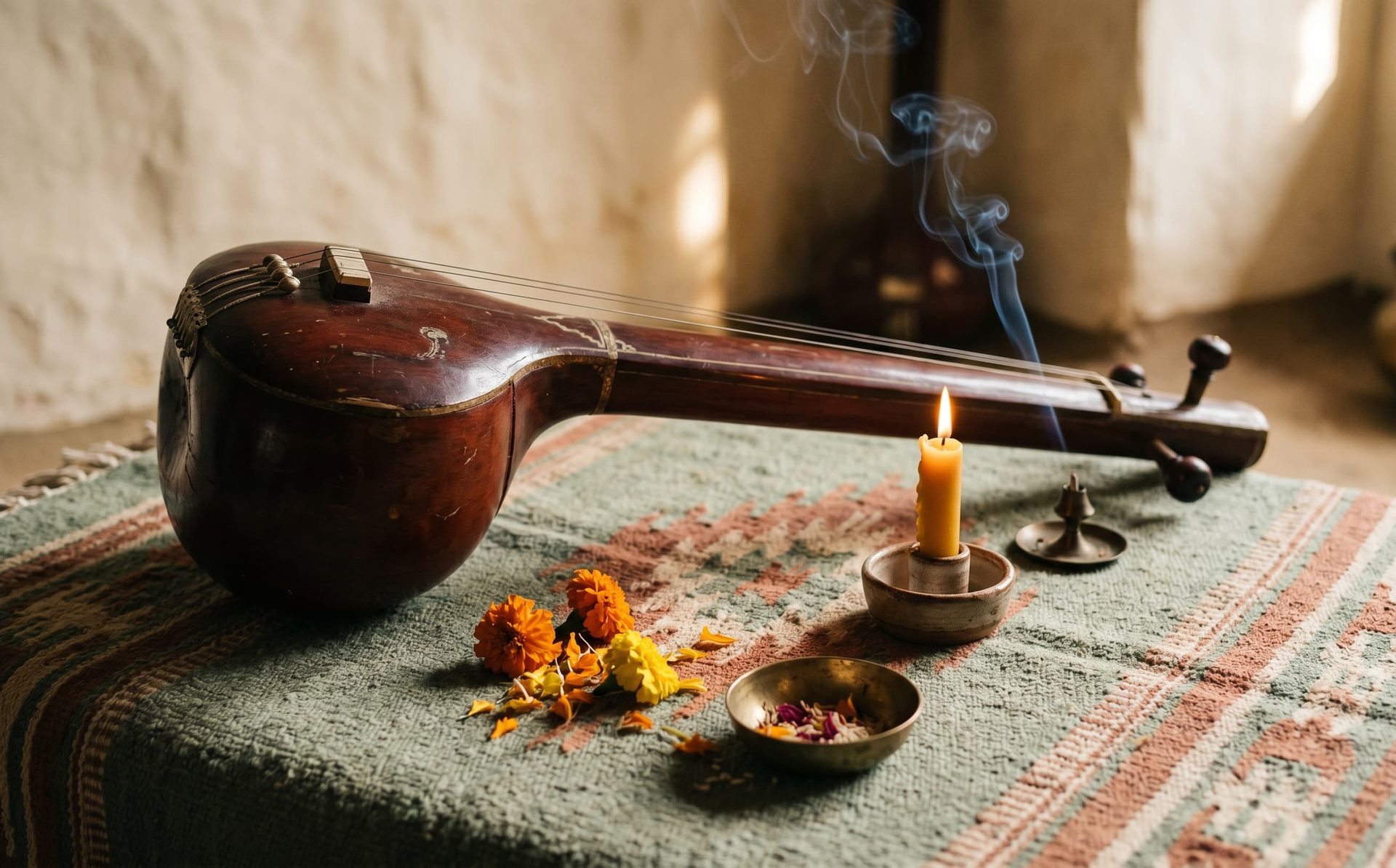 A traditional Indian tambura drone instrument resting on a woven rug beside a lit beeswax candle, marigold flowers, and a brass incense bowl