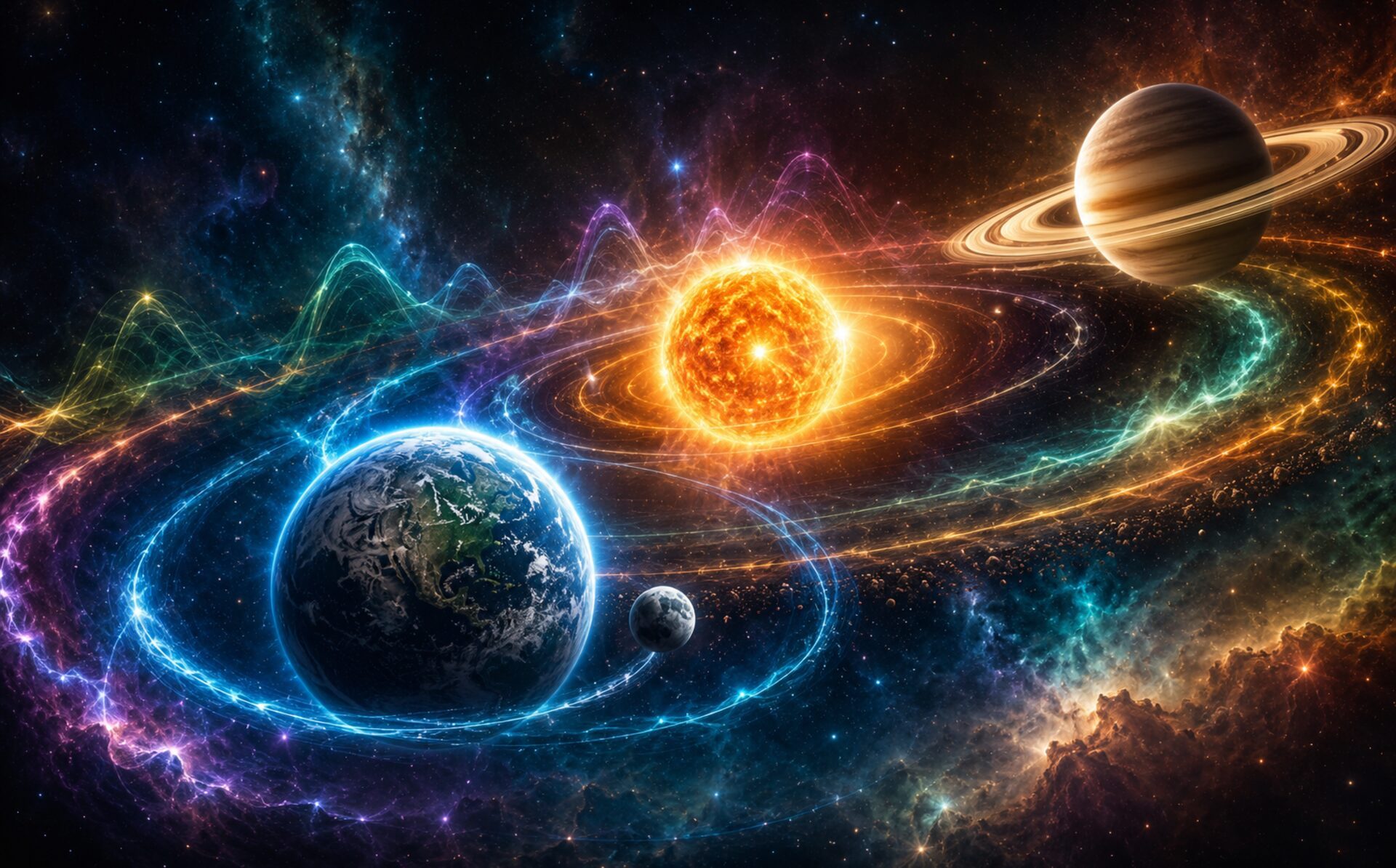 An artistic depiction of planets orbiting the sun rendered as concentric rings of light and color, evoking the music of the spheres