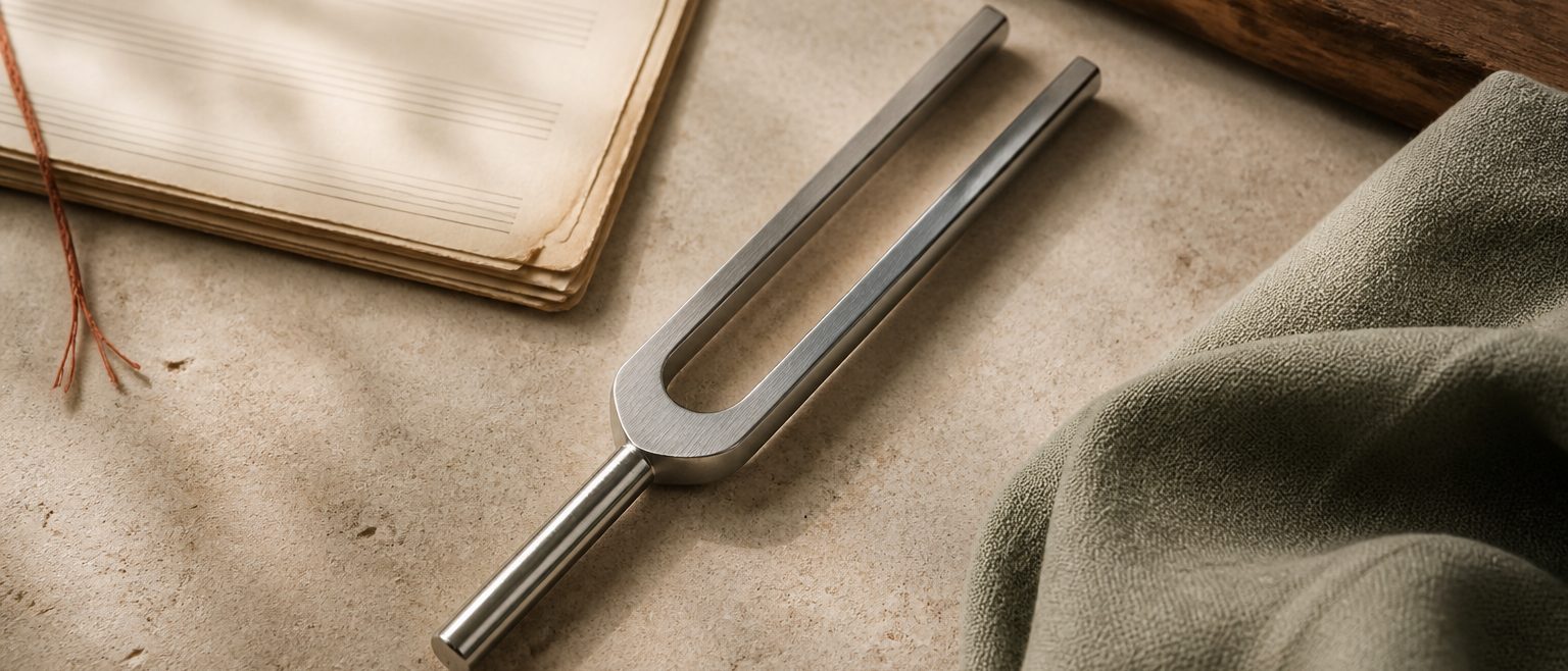 A traditional unweighted steel tuning fork resting beside an old music folio, walnut, and sage linen