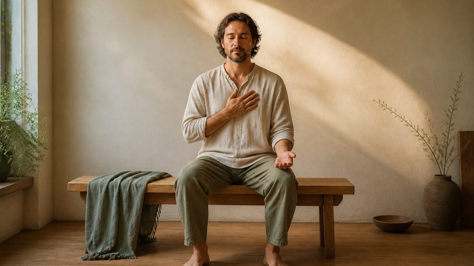 A seated person rests one hand over the chest and the other palm-up while early-morning light arcs across a warm plaster wall