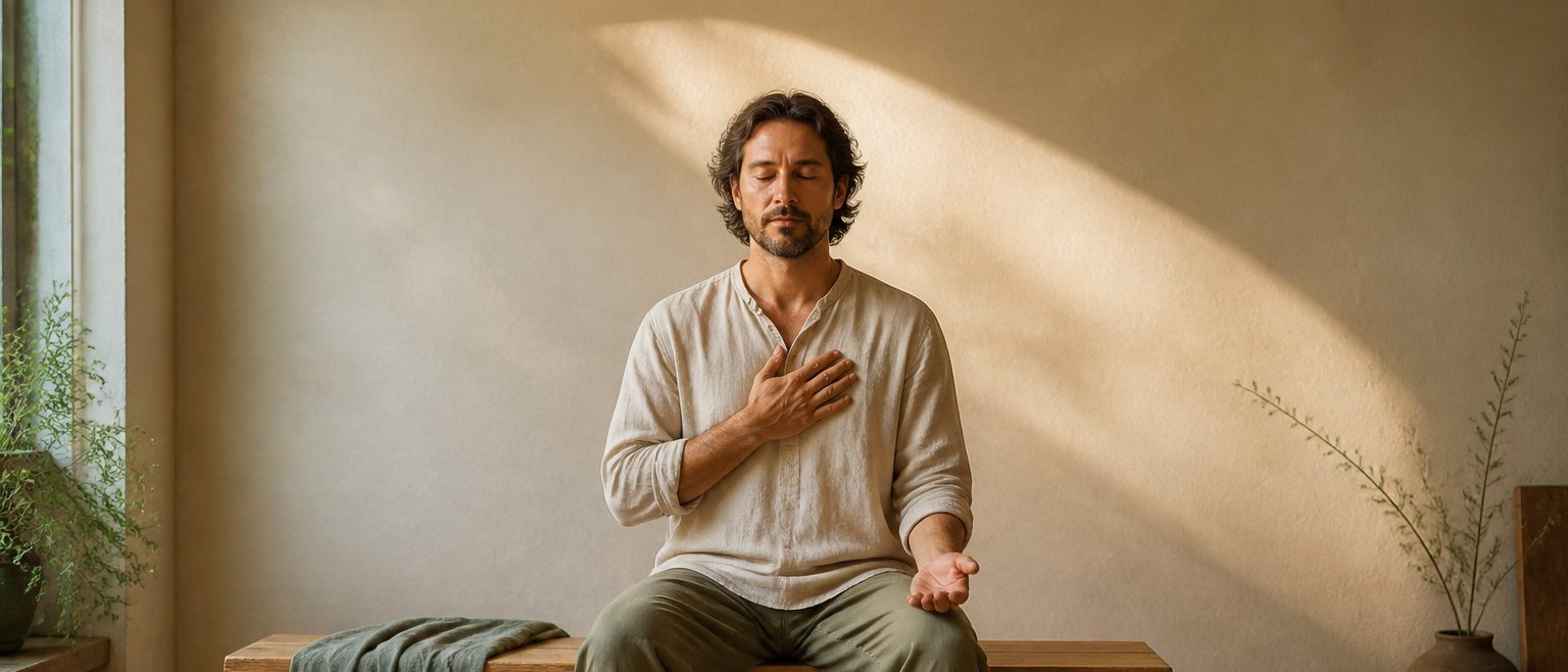 A seated person rests one hand over the chest and the other palm-up while early-morning light arcs across a warm plaster wall