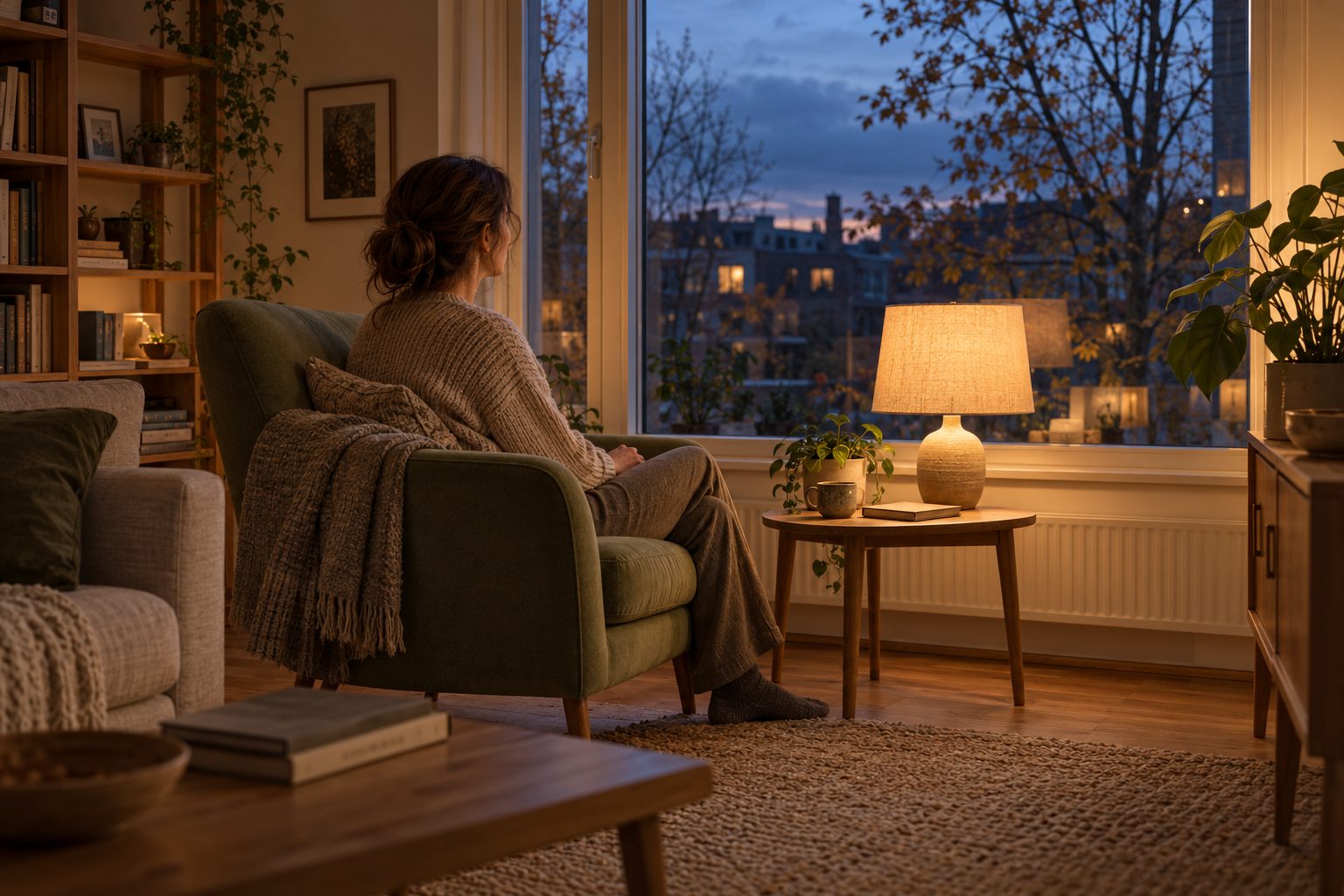 A woman sits beside a warm lamp as autumn dusk falls outside the living-room window