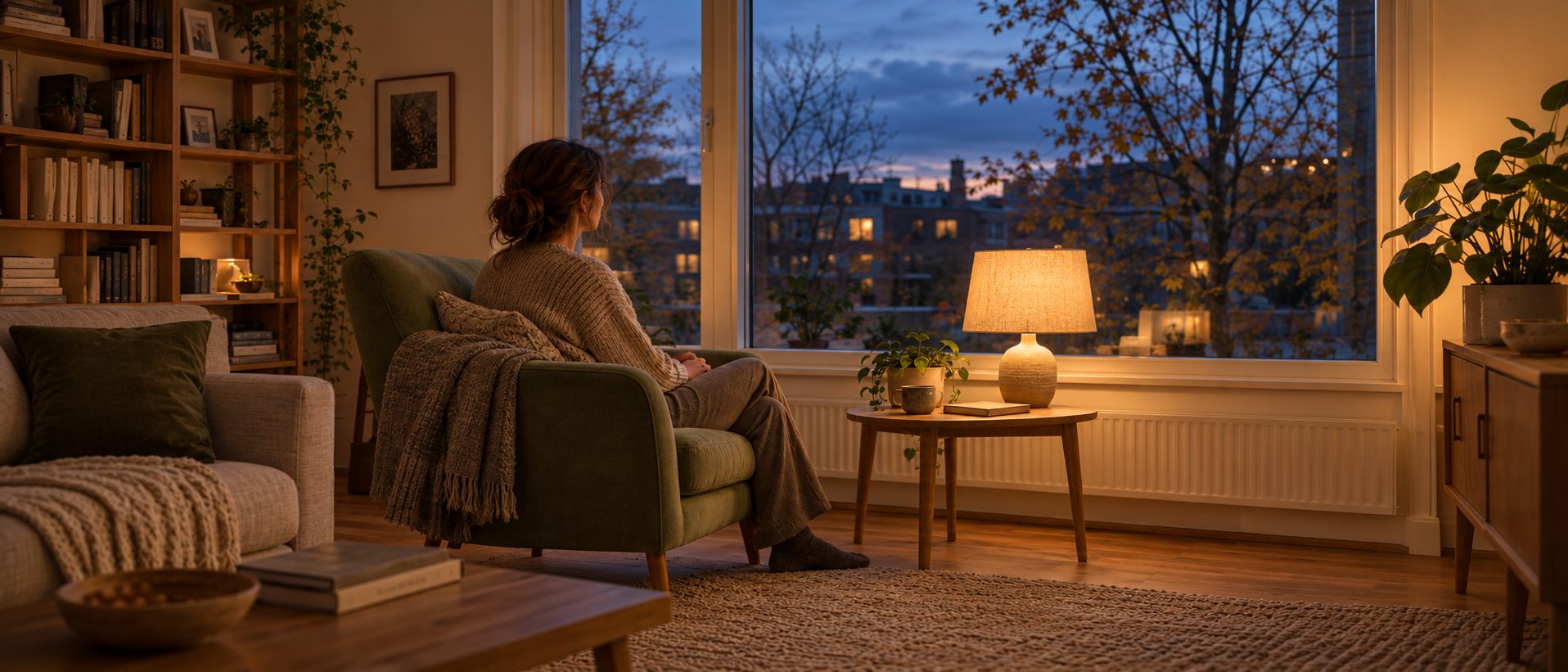 A woman sits beside a warm lamp as autumn dusk falls outside the living-room window