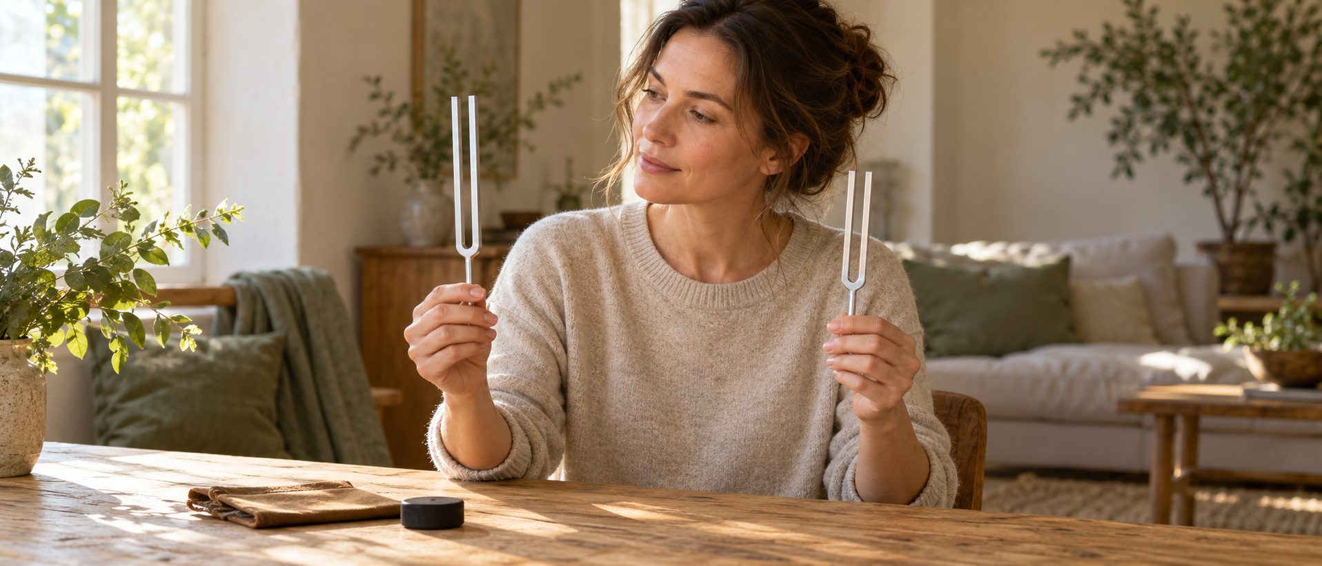 A woman listens to two unweighted tuning forks beside a sunlit oak table