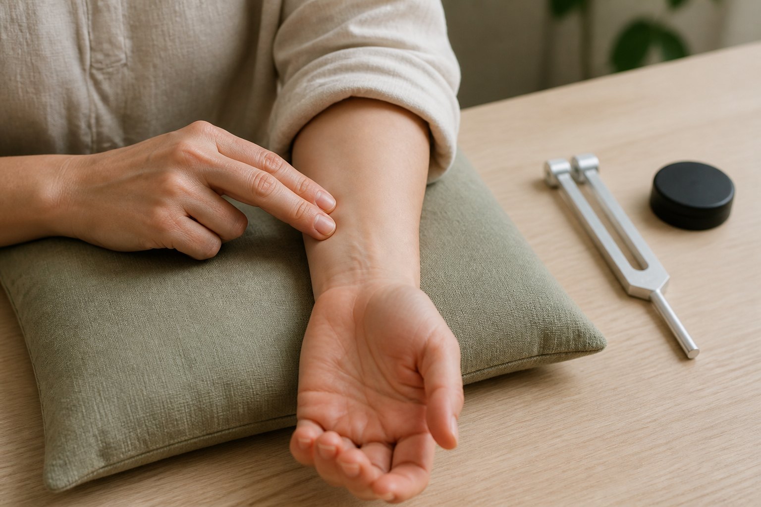 A person gently palpating the inner forearm