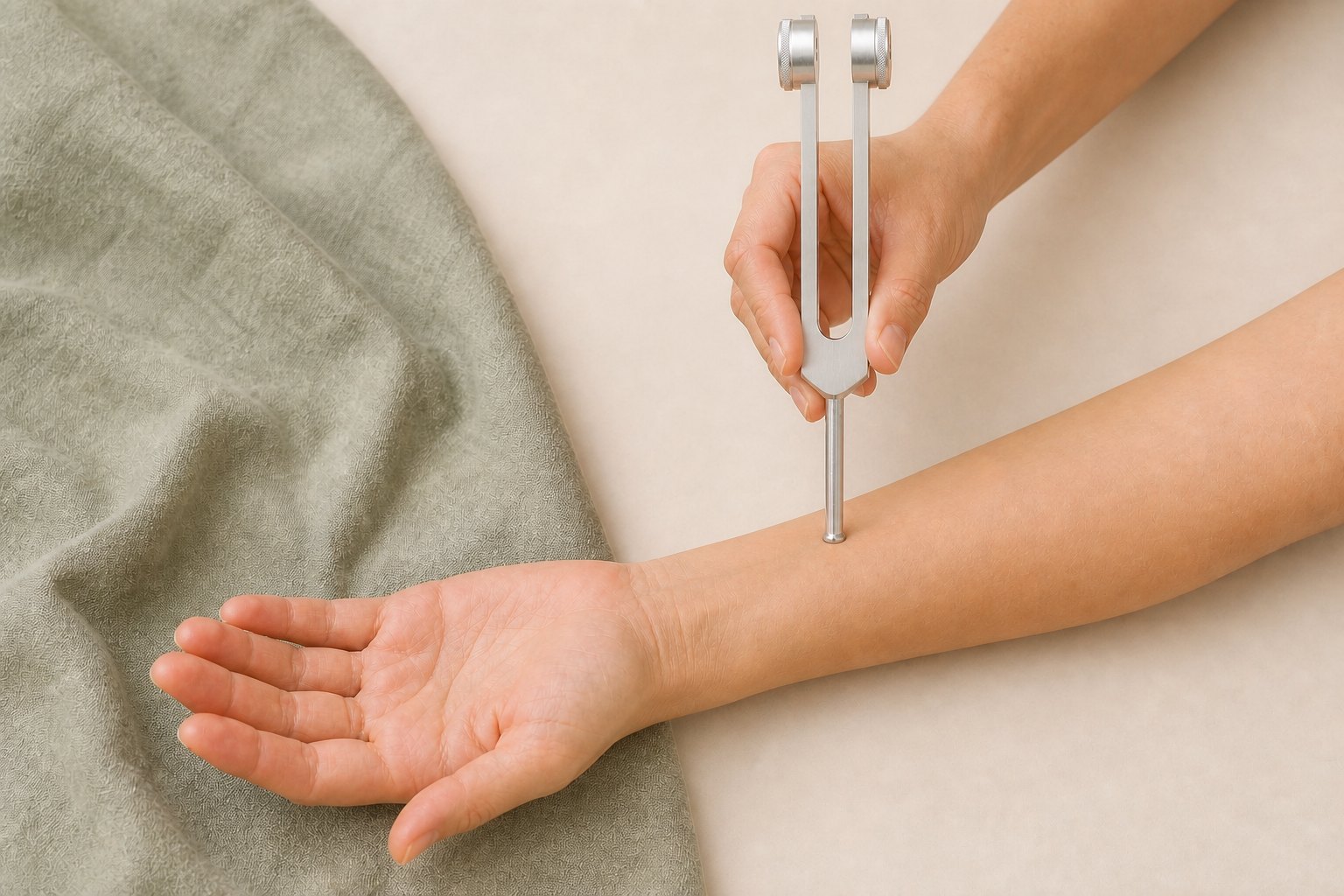 A weighted tuning fork making gentle contact with the forearm