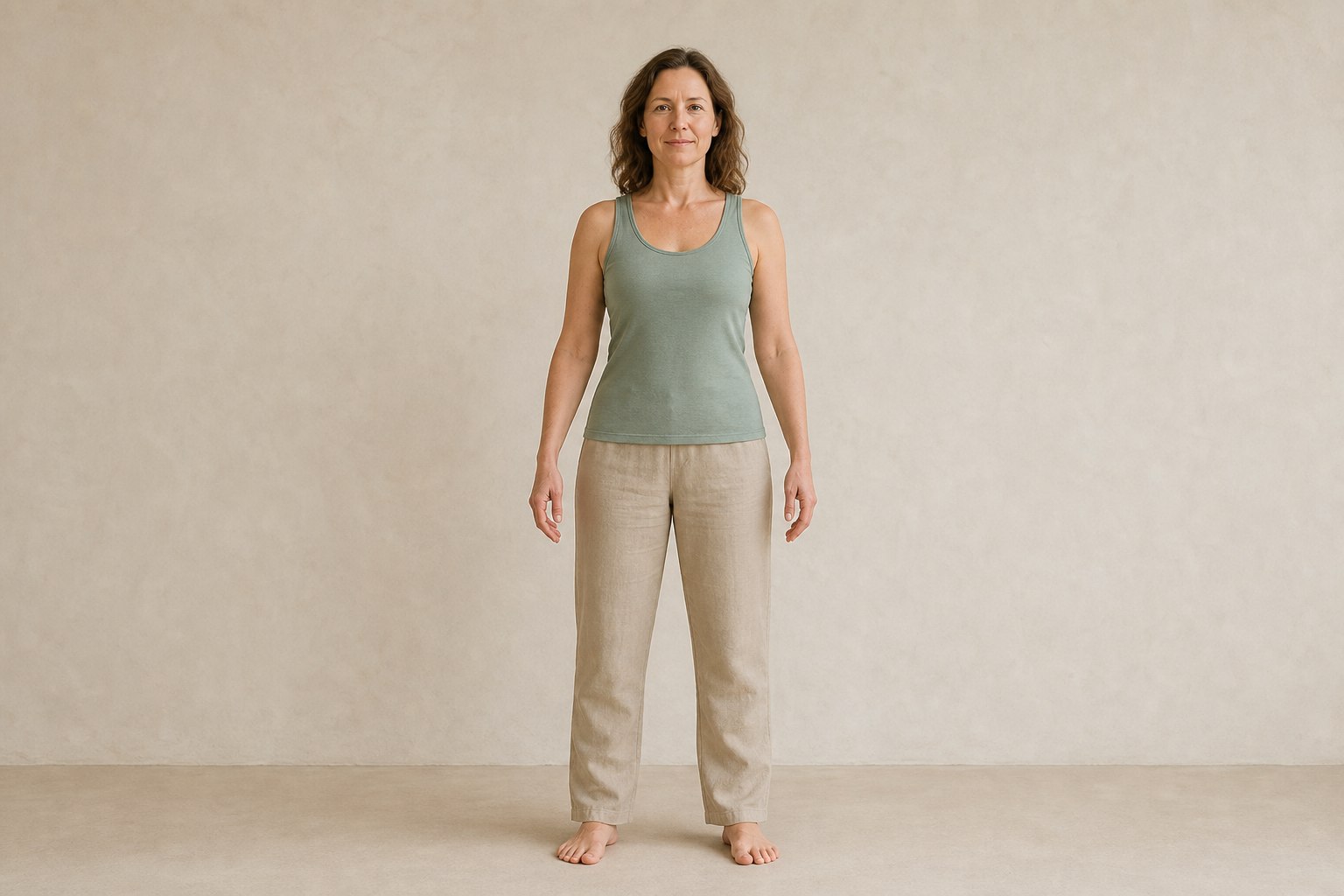 Neutral standing adult used to show the broad chest → hand direction