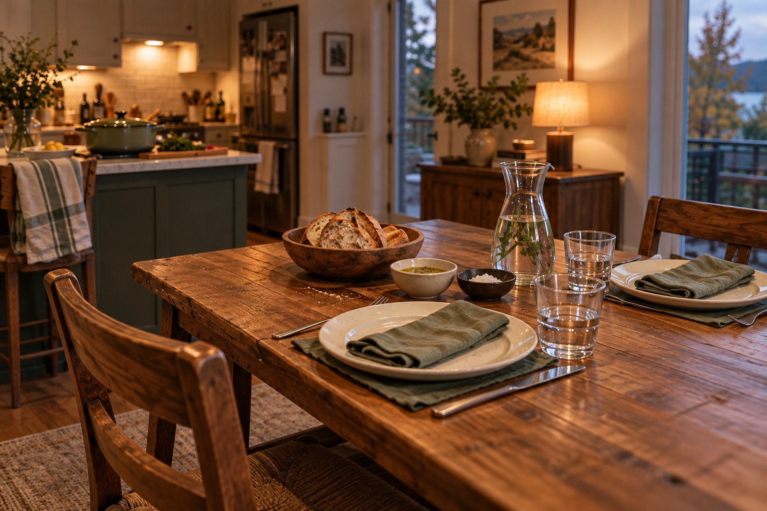 A wooden dining table set with cream plates, sage napkins, bread and water, with a chair pulled out