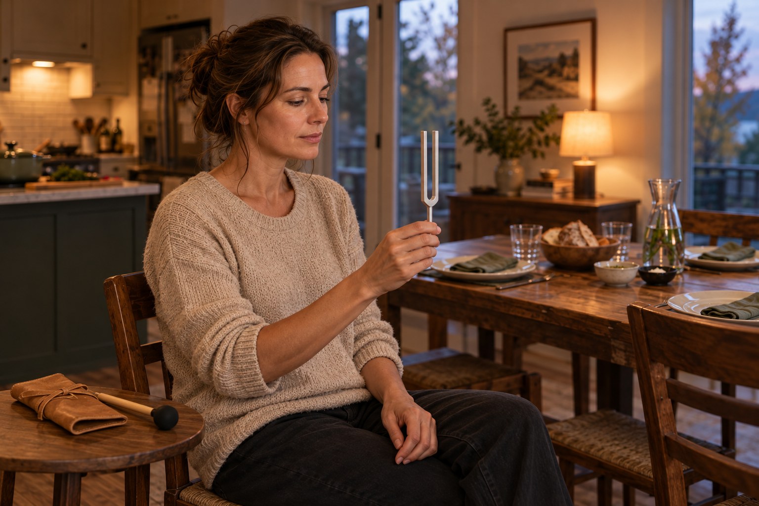 A seated woman holds an unweighted tuning fork by its stem for a short listening pause before dinner guests arrive