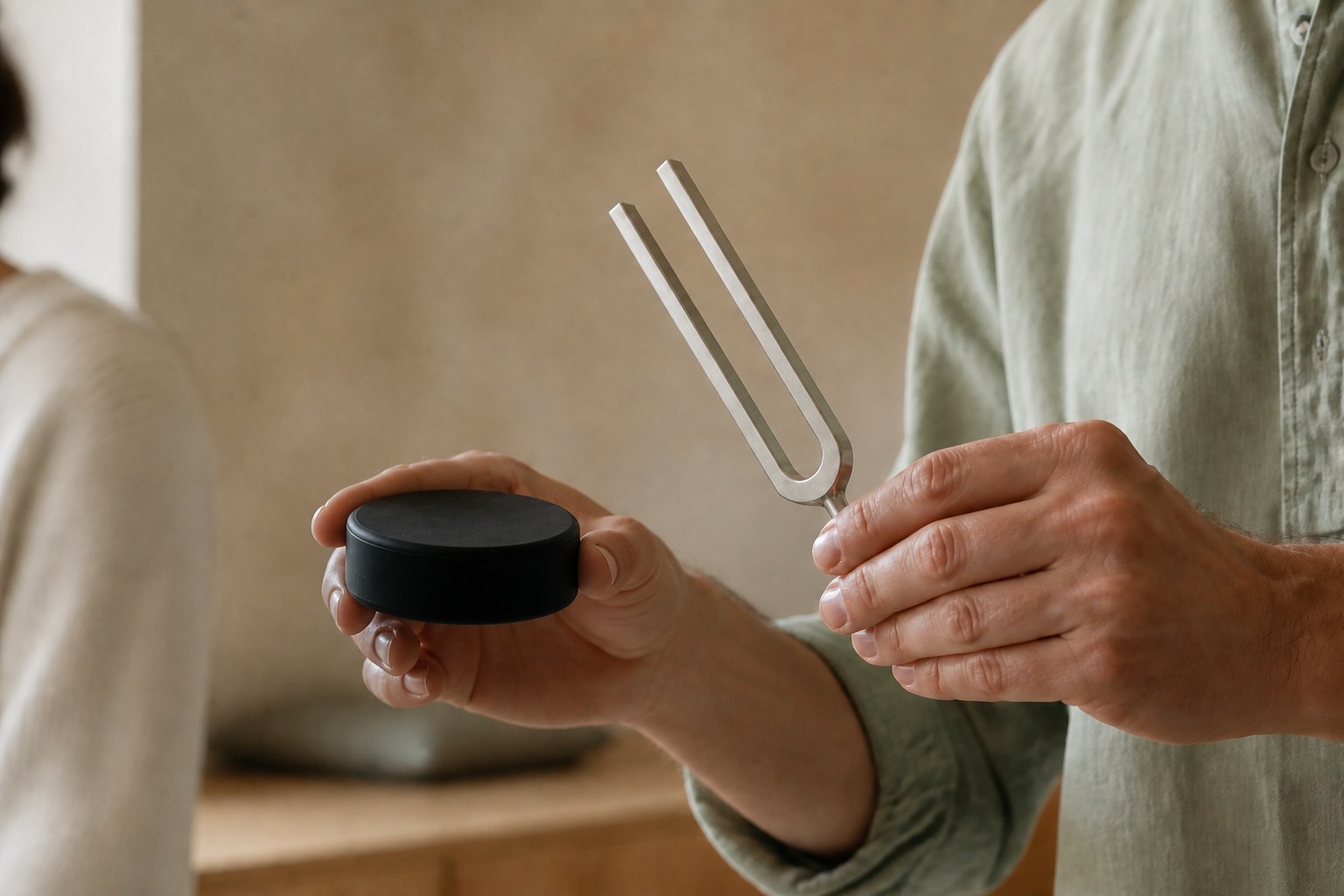 An unweighted tuning fork held by its stem beside a plain black puck activator