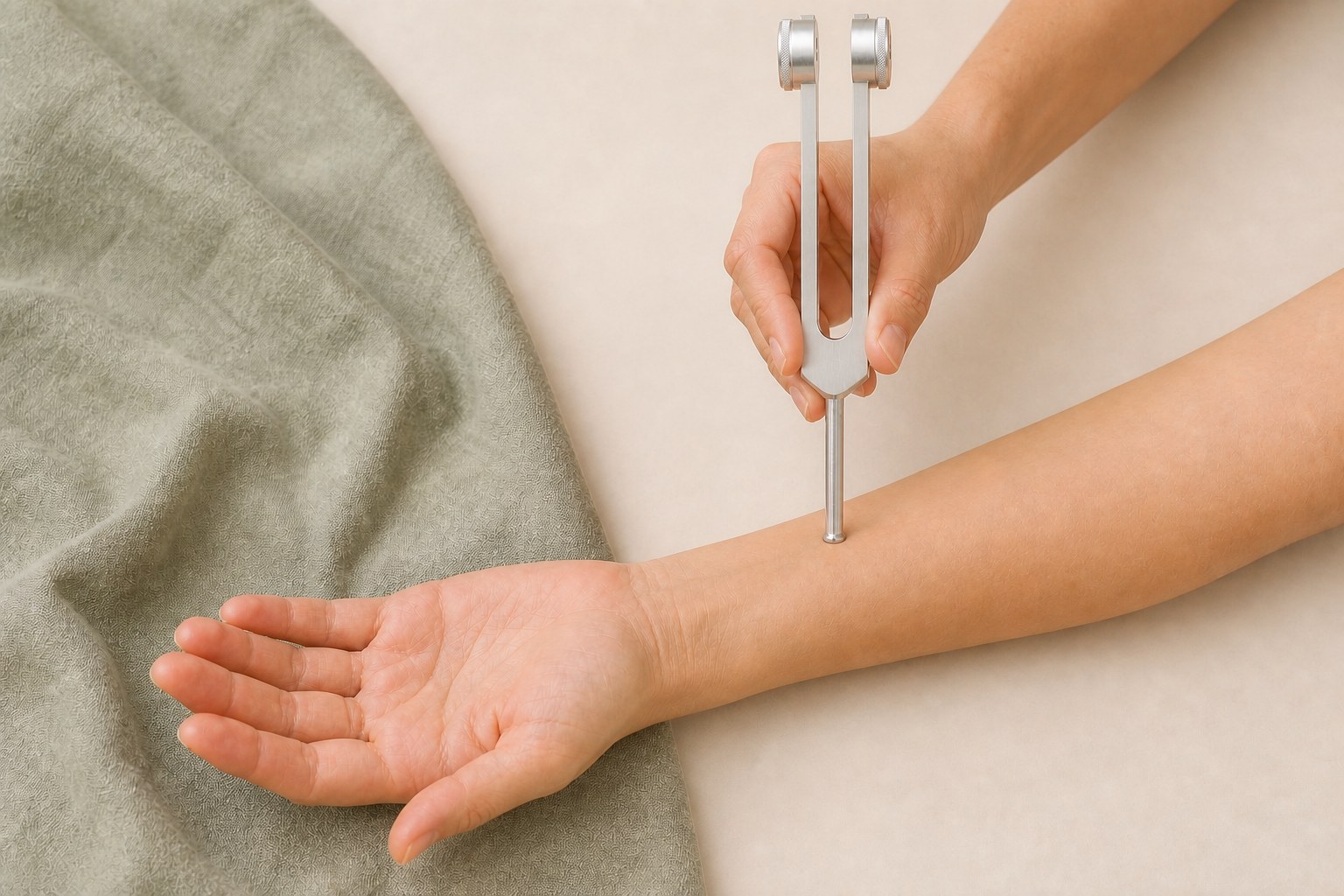 The flat stem end of a weighted tuning fork resting lightly on a located forearm point