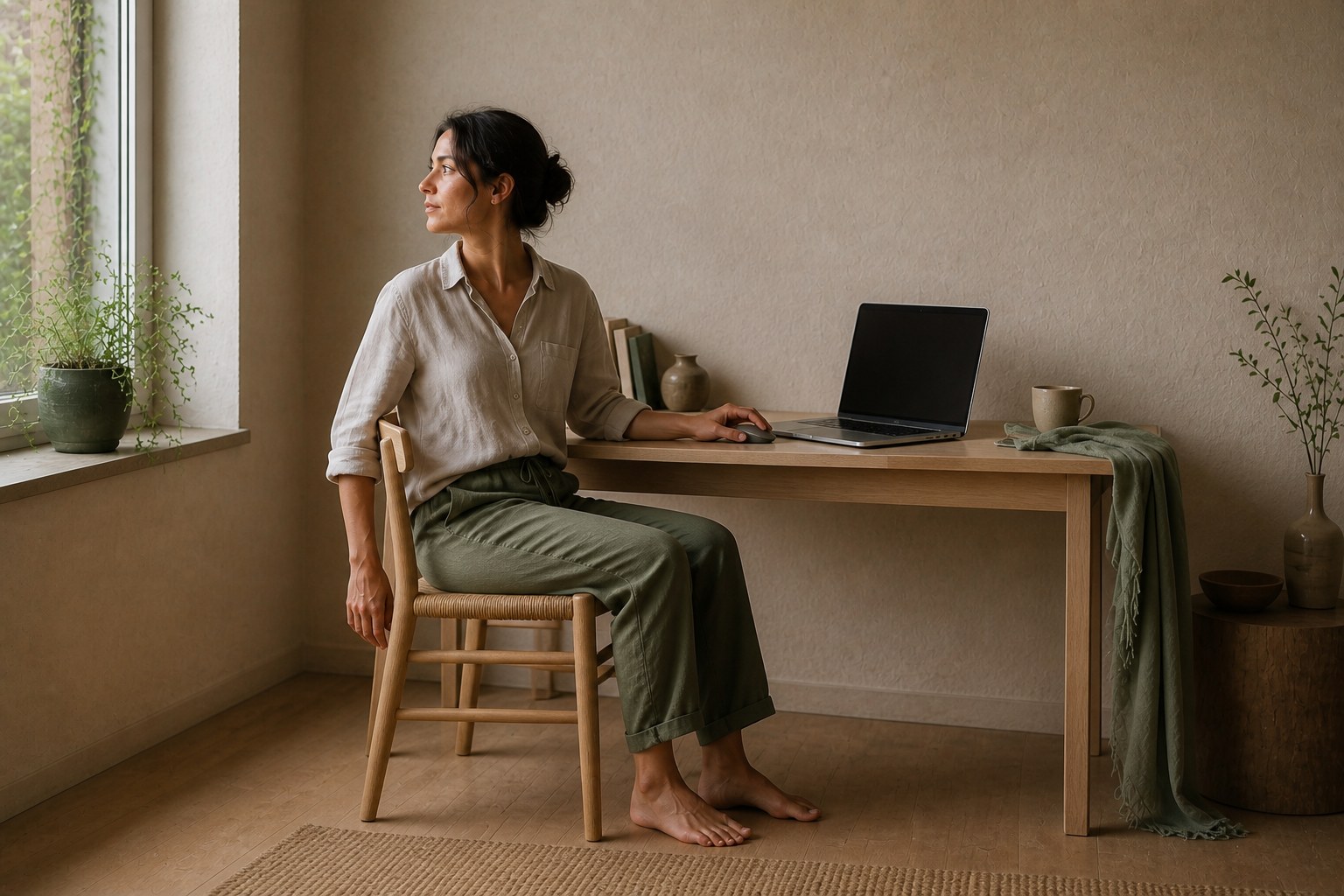 A woman turns away from her laptop, lets her arms hang, and looks across the room during a screen break