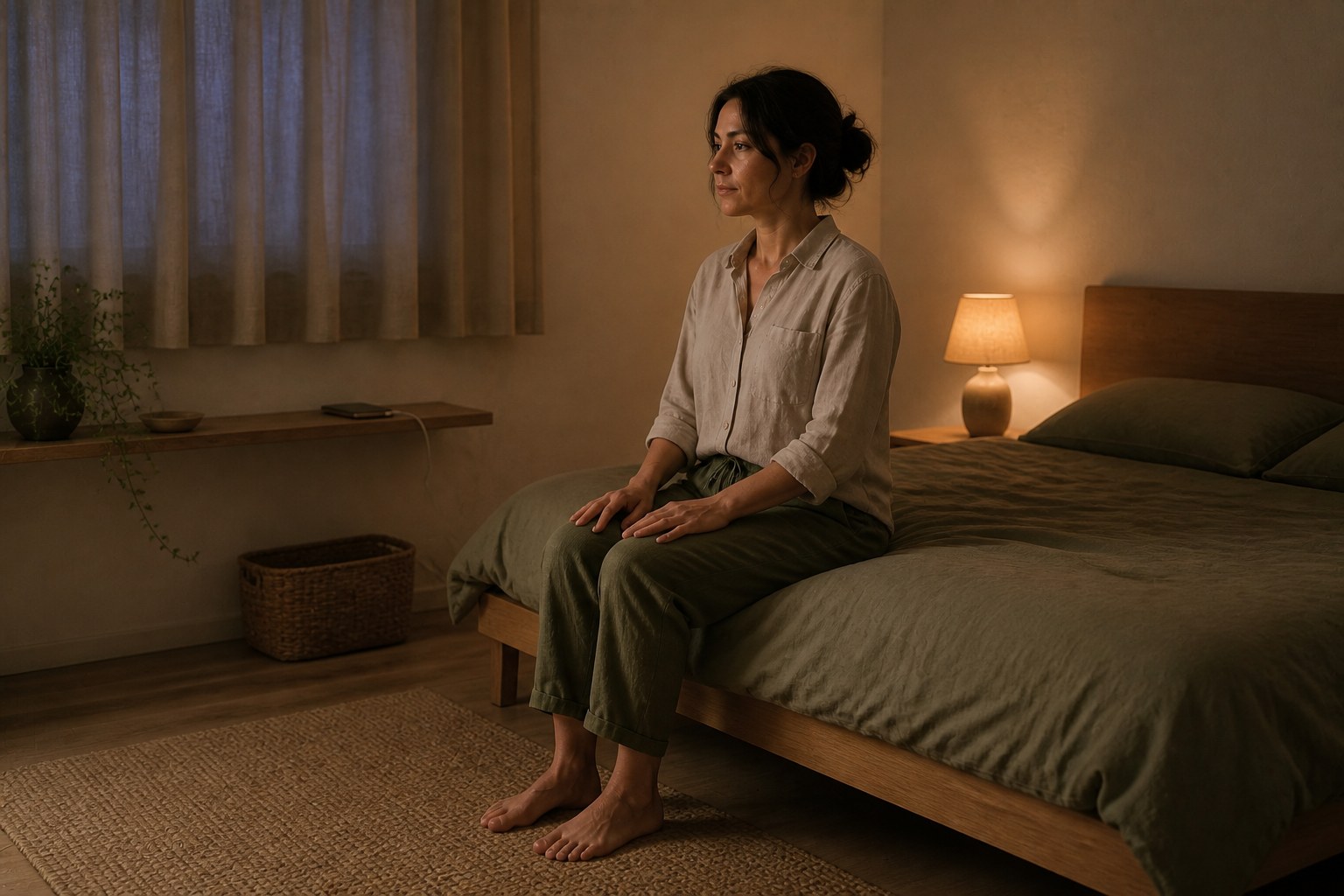A woman sits beside a low warm lamp after placing her phone beyond easy reach
