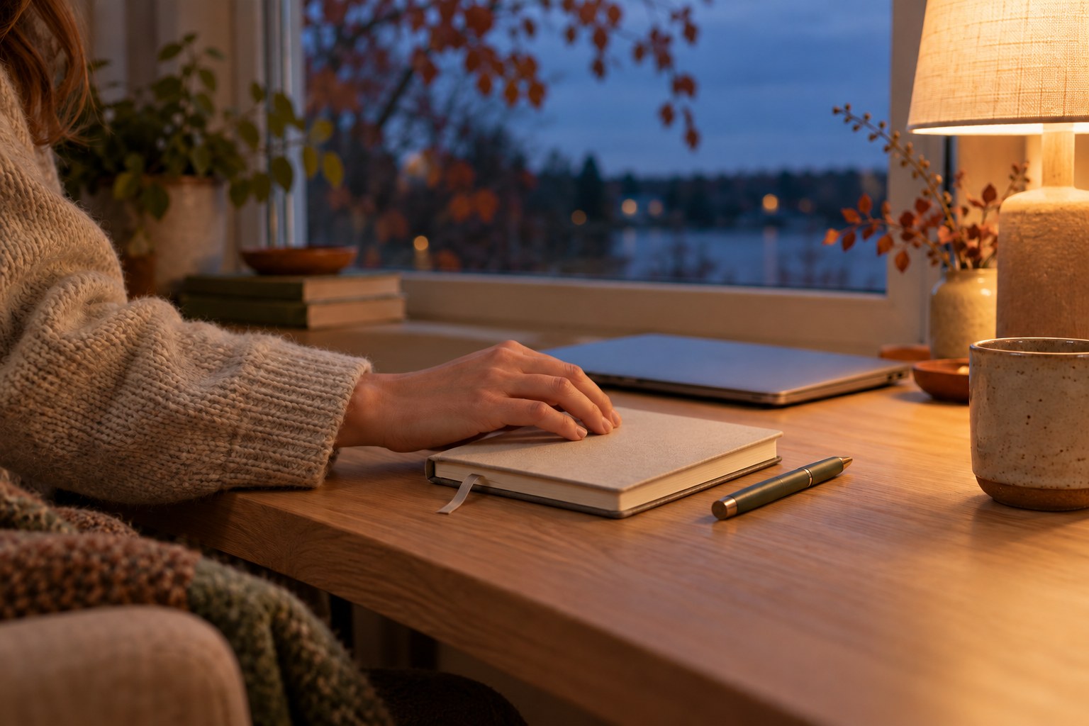 A relaxed hand rests on a closed beige notebook beside a closed laptop in warm lamplight at dusk