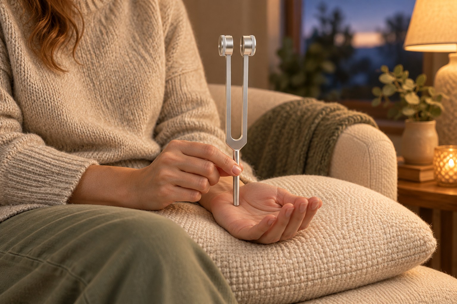 A woman holds a weighted tuning fork by its cylindrical stem, resting the flat end lightly on her supported open palm