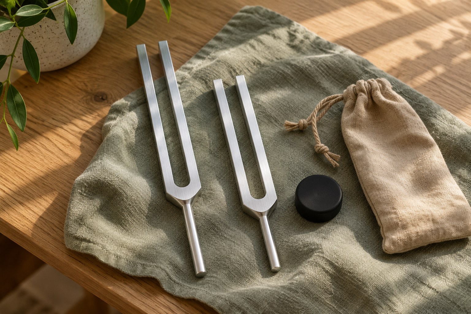 Two unweighted silver tuning forks of different lengths rest on sage linen beside a rubber activator