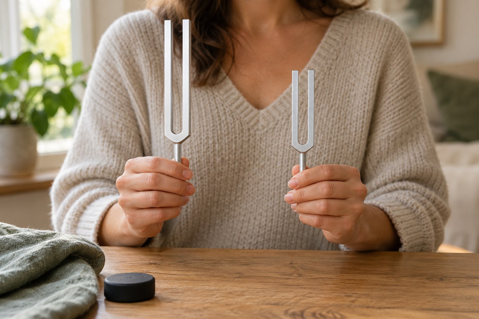 Hands hold two unweighted tuning forks by their stems, keeping the tines free and apart